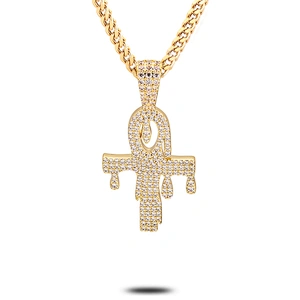 Miss Jewelry CZ Micro Pave Mens Dubai Gold Cross Pendant, Silver Dripping Ankh Pendant Necklace