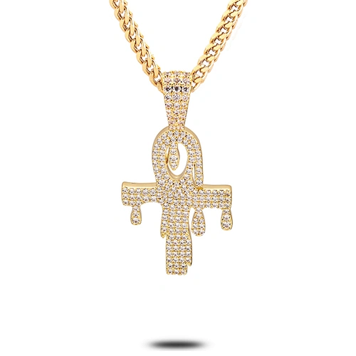 Miss Jewelry CZ Micro Pave Mens Dubai Gold Cross Pendant, Silver Dripping Ankh Pendant Necklace