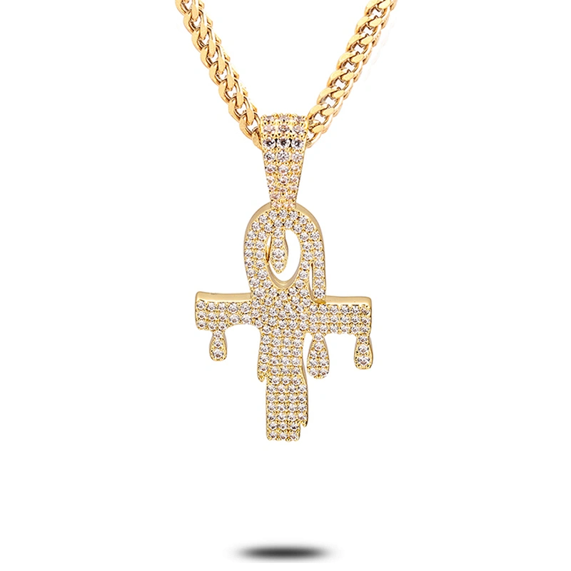 Miss Jewelry CZ Micro Pave Mens Dubai Gold Cross Pendant, Silver Dripping Ankh Pendant Necklace