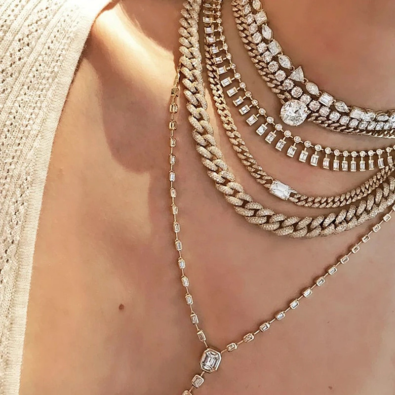 Solitaire round diamond women cuban chain choker link necklace