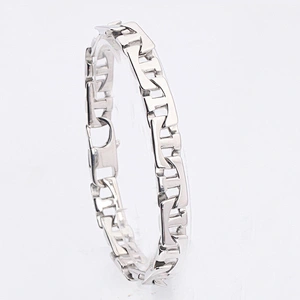 White Gold Hand Chain Link Marine Bracelet men, Mens Engraved Stainless Steel Hand Bracelet