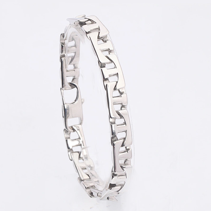 White Gold Hand Chain Link Marine Bracelet men, Mens Engraved Stainless Steel Hand Bracelet