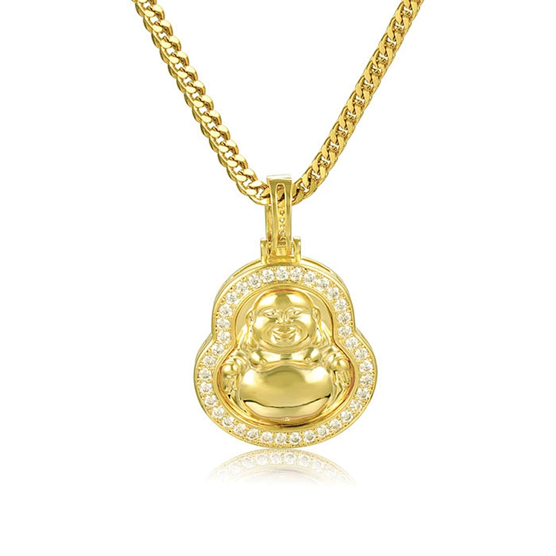 China Manufacturer Green Jadeite Jade Stone Carved Buddha Amulet Necklace Pendant Gold CZ Micro Paved with Chain