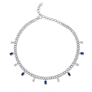 White gold plated gemstone & diamond baguette drop womens cuban choker necklace