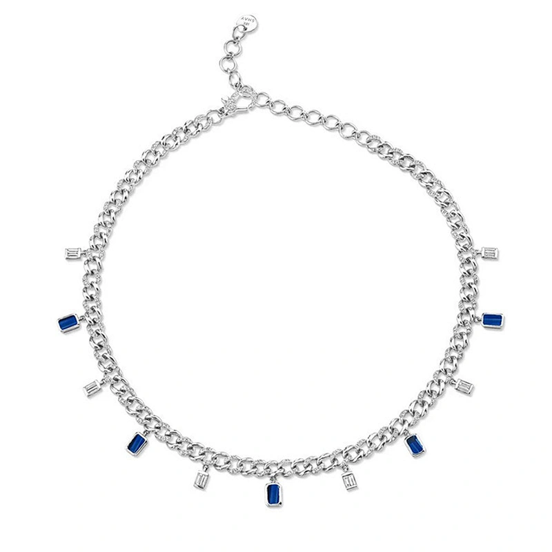 White gold plated gemstone & diamond baguette drop womens cuban choker necklace