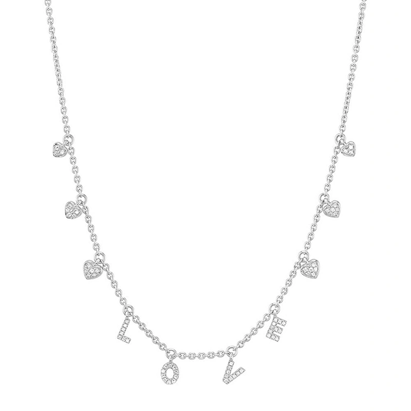 Miss Jewelry 18K Gold White Diamonds Love Dangle Drop Heart Necklace