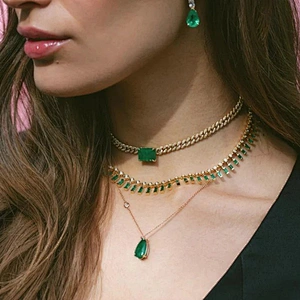 Custom gold plated columbian emerald iced out pendant link chain necklace