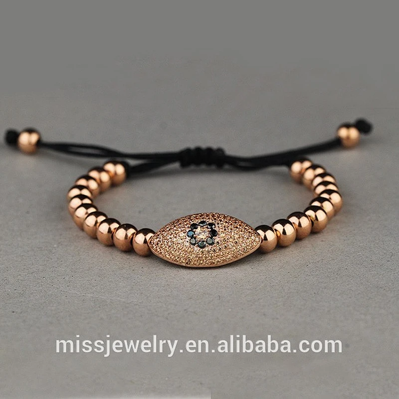 Wholesale 14k Gold Rose Gold Devil Eye Beads Adjustable Bangle Bracelet