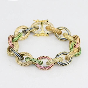 Hip Hop CZ Micro Pave Bling Bling Hand Link Rolo Chain 14k Gold Plated Zirconia Bracelet Jewelry