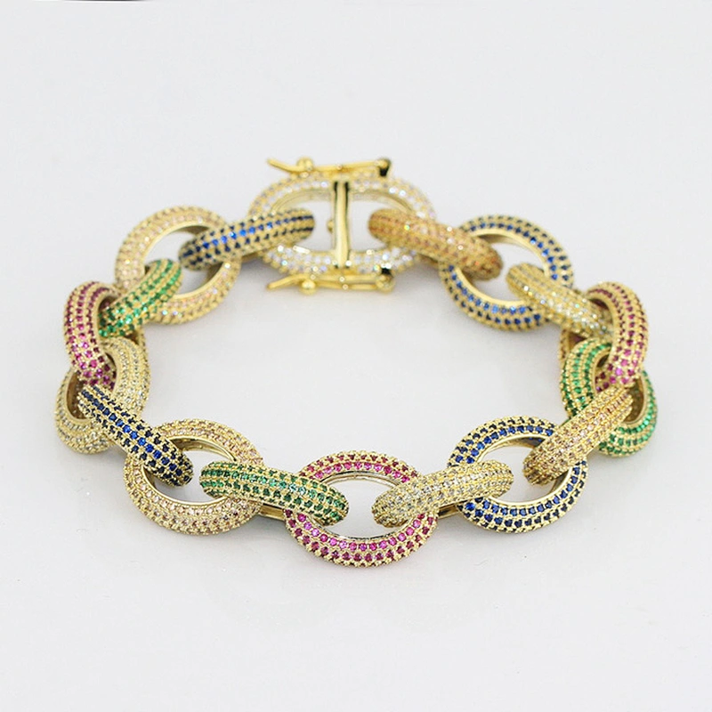 Hip Hop CZ Micro Pave Bling Bling Hand Link Rolo Chain 14k Gold Plated Zirconia Bracelet Jewelry