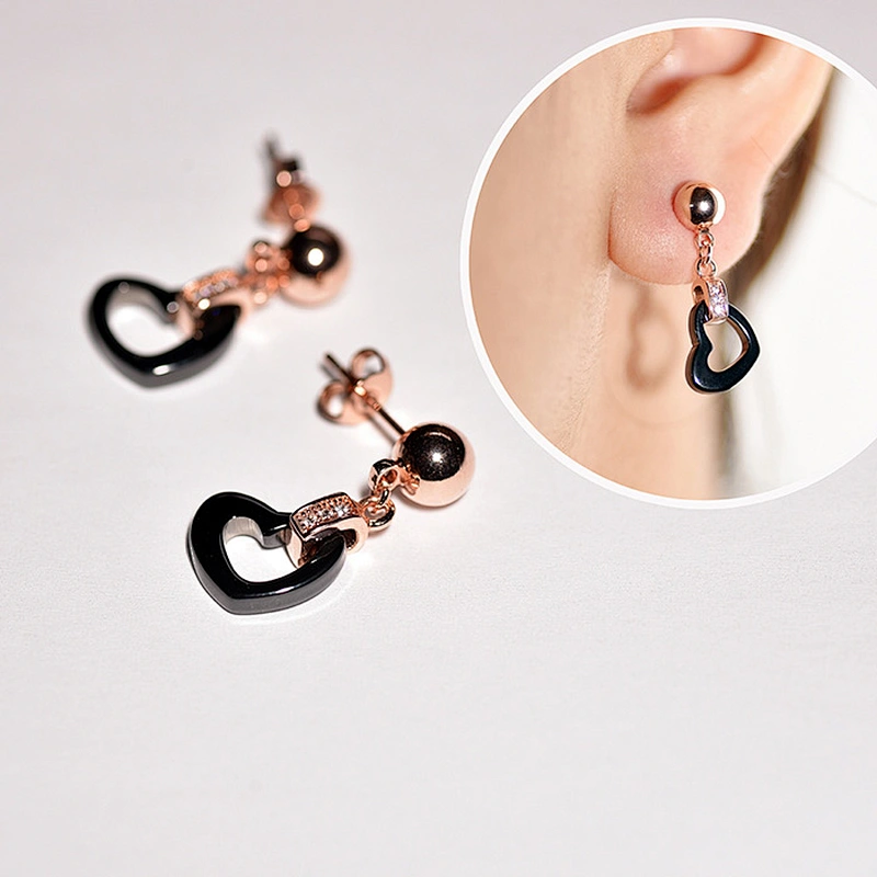 Luxury handmade gold plated CZ diamond heart shape drop ceramic earring