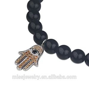 Wholesale price 14k gold plated hamsa black lava stone bead bracelet for men