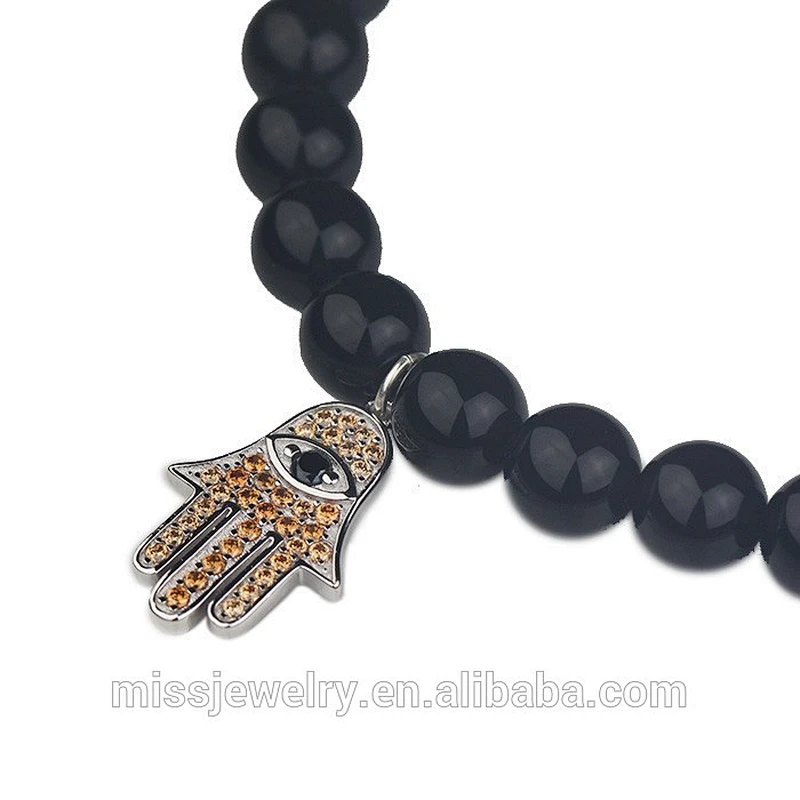 Wholesale price 14k gold plated hamsa black lava stone bead bracelet for men