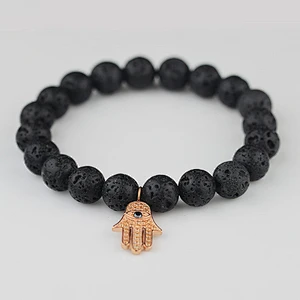 Wholesale price 14k gold plated hamsa black lava stone bead bracelet for men