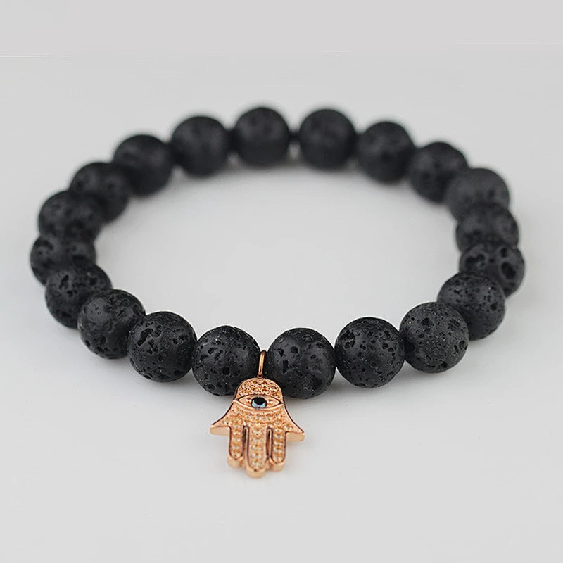 Wholesale price 14k gold plated hamsa black lava stone bead bracelet for men