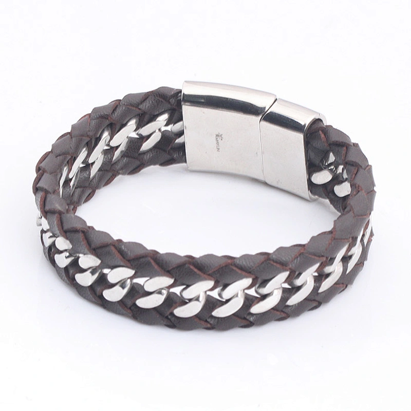 Mens Leather Bracelet Stainless Steel Clasp, Mens Bracelets Stainless Steel Leather