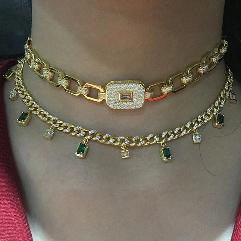 Miss Jewelry Fashion Link Neck Strap Gold Diamond Choker Necklace Women