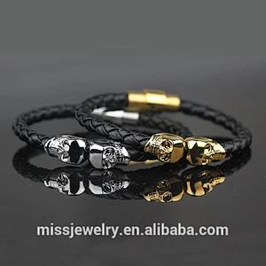 Gold skull genuine leather bracelet