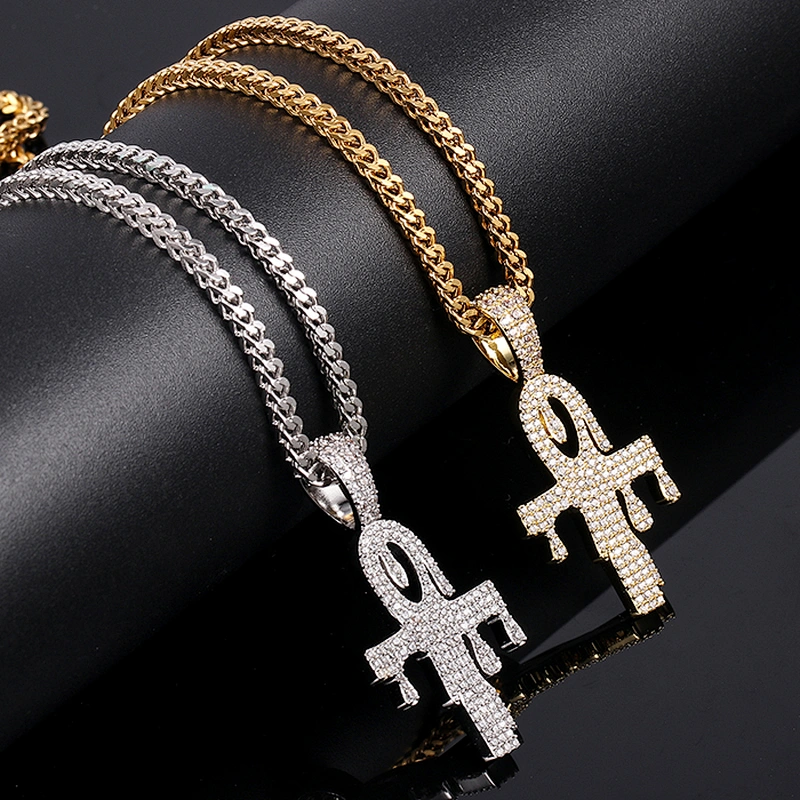 Miss Jewelry CZ Micro Pave Mens Dubai Gold Cross Pendant, Silver Dripping Ankh Pendant Necklace