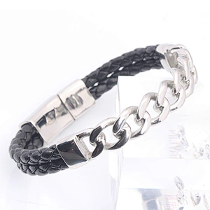 Stainless Steel Leather Chain Link Bracelet Jewelry