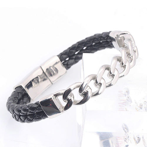 Stainless Steel Leather Chain Link Bracelet Jewelry