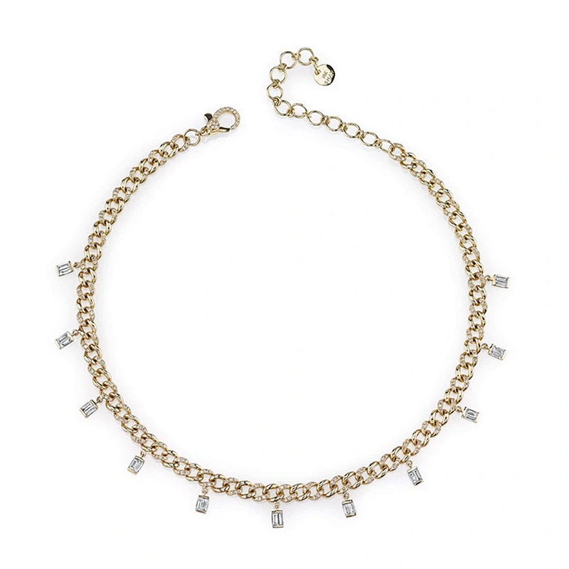 Hip hop jewelry baguette drop link 925 sterling silver women necklace choker