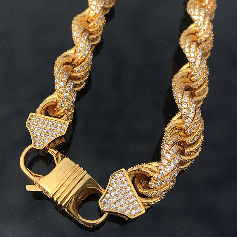12mm Hip Hop Men 18k Gold Plated AAA CZ Rope Chain