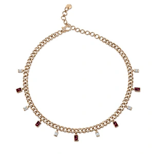 White gold plated gemstone & diamond baguette drop womens cuban choker necklace