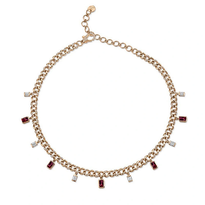 White gold plated gemstone & diamond baguette drop womens cuban choker necklace