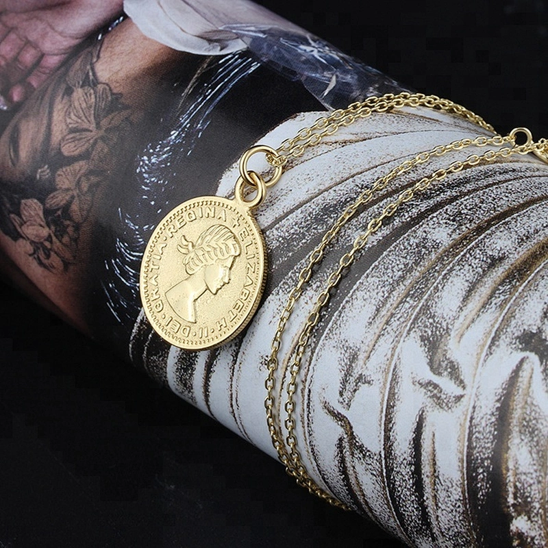 Miss Jewelry Simple Stainless Steel Elizabeth Round Pendant Jewelry Gold Coin Pendant Necklace