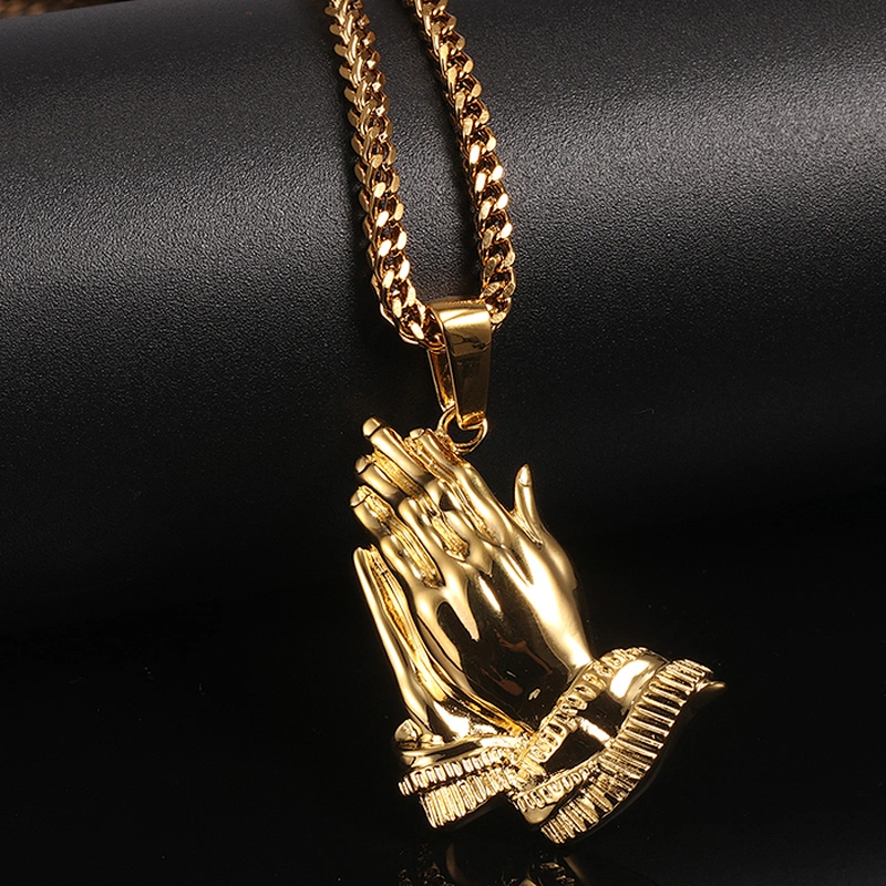 Hip hop tanishq pray hand gold pendant designs for men, gold pendant set MJHP052