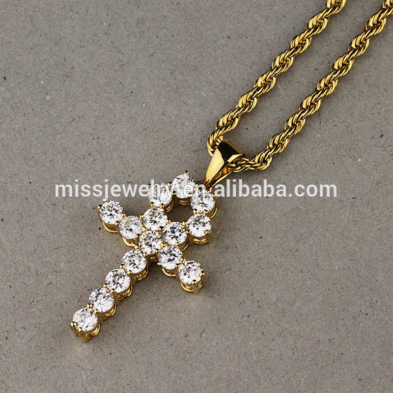 Diy Charm Iced Out Brass Cross Pendants, Gold Bling Ankh Pendant Necklace
