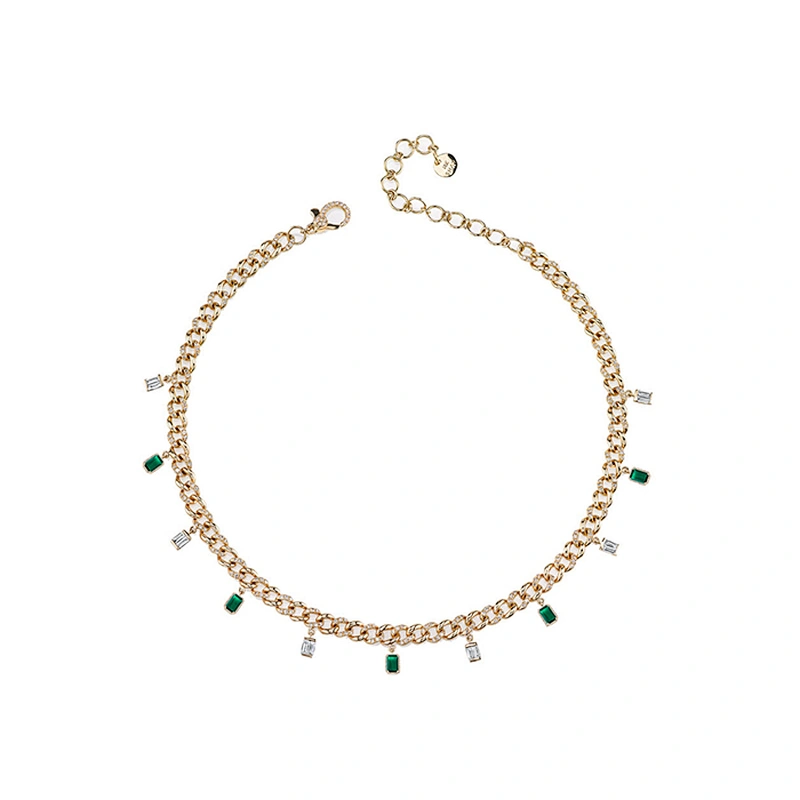 Women Hip Hop Jewelry Cubic Zirconia Choker Gold Necklace Baguette Drop Link Choker