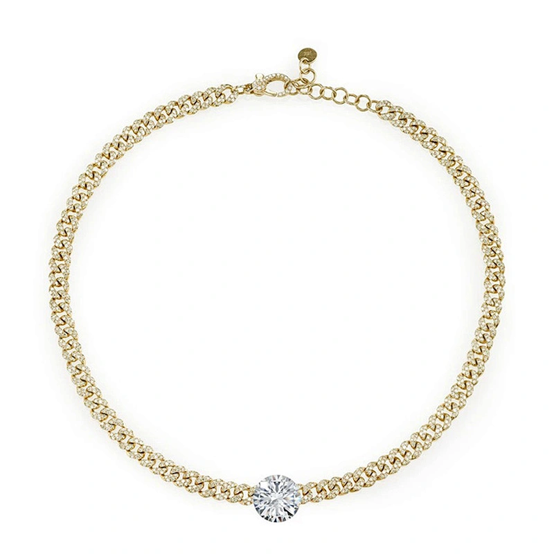 Solitaire round diamond women cuban chain choker link necklace