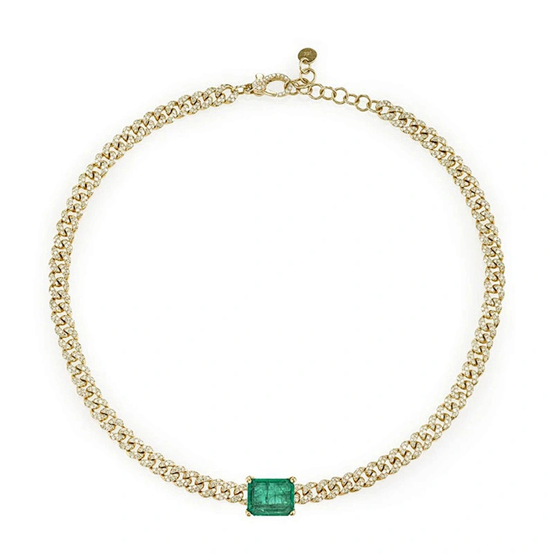 Custom gold plated columbian emerald iced out pendant link chain necklace