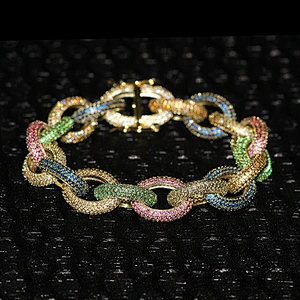 Hip Hop CZ Micro Pave Bling Bling Hand Link Rolo Chain 14k Gold Plated Zirconia Bracelet Jewelry