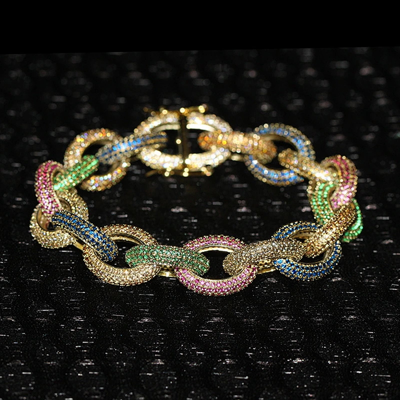 Hip Hop CZ Micro Pave Bling Bling Hand Link Rolo Chain 14k Gold Plated Zirconia Bracelet Jewelry