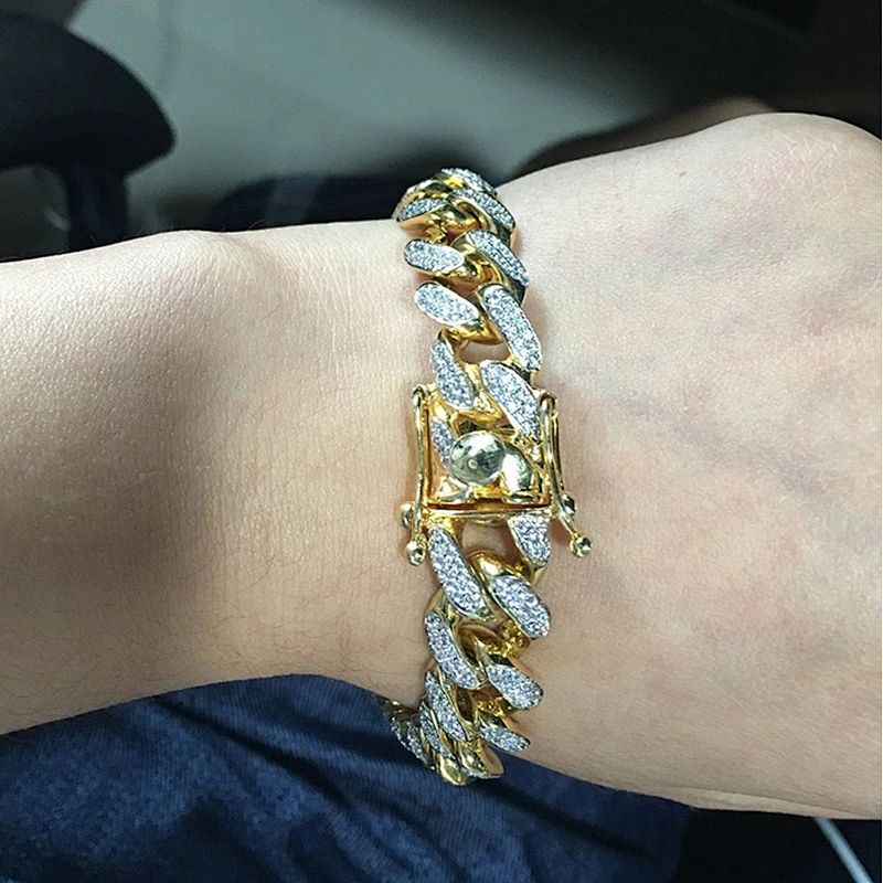 AAA Cubic Zirconia Diamond Cuban Link Bracelet Men Gold