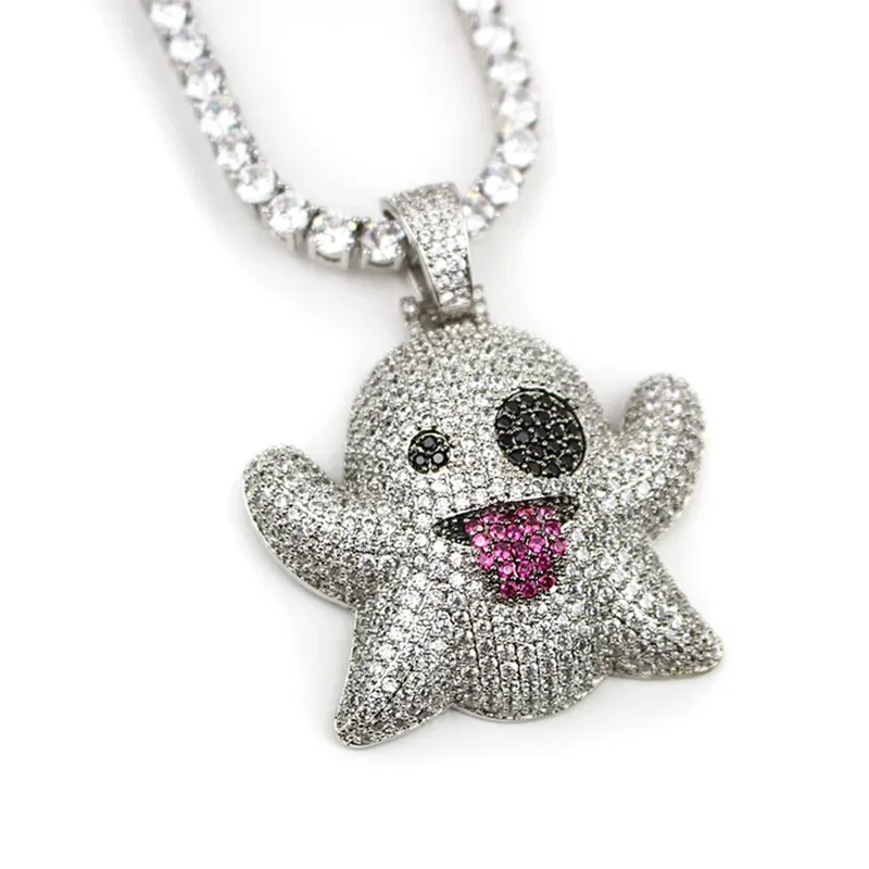 White Gold Iced Out Ghost Emoji Pendant Necklace, Men Hip Hop Jewelry