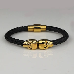 Gold skull genuine leather bracelet