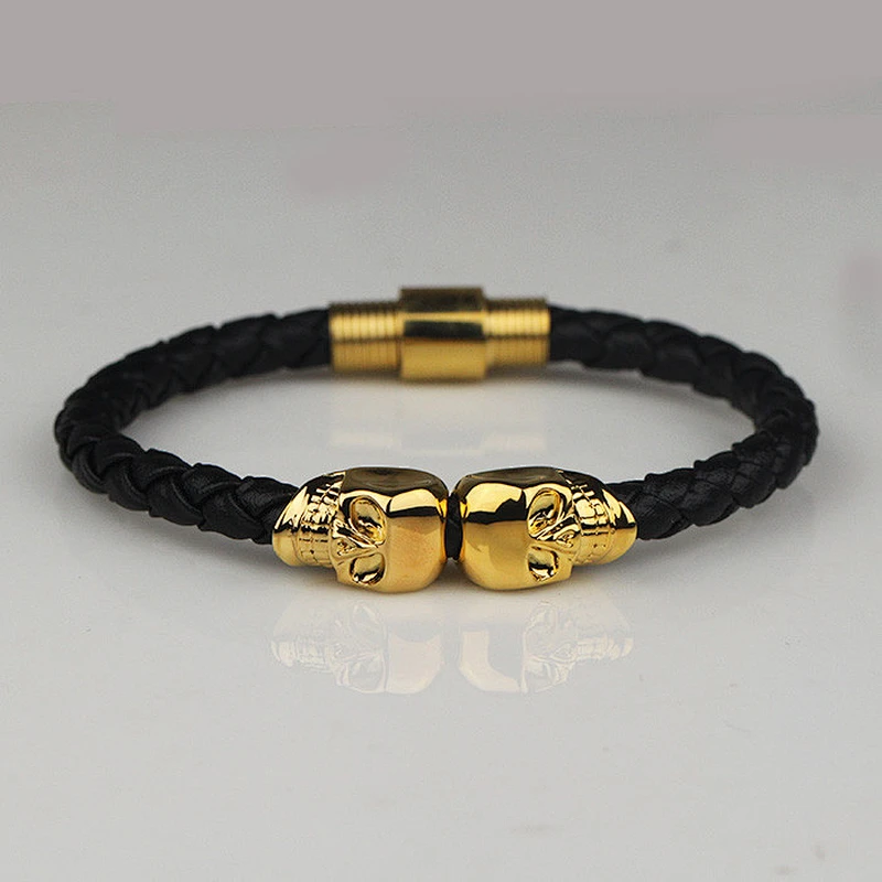 Gold skull genuine leather bracelet