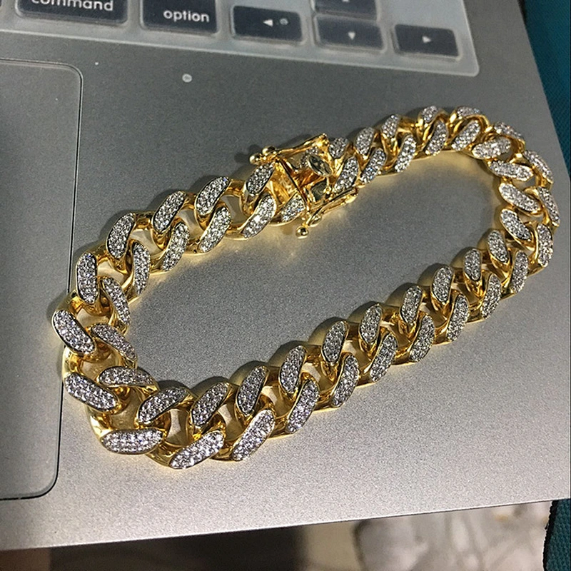 AAA Cubic Zirconia Diamond Cuban Link Bracelet Men Gold