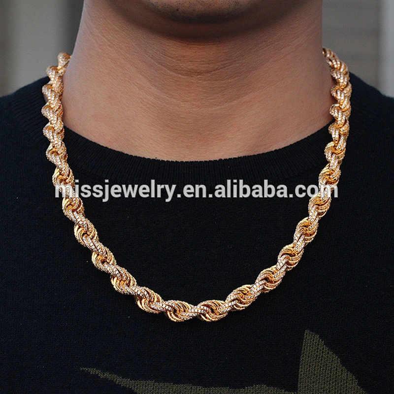 12mm Hip Hop Men 18k Gold Plated AAA CZ Rope Chain