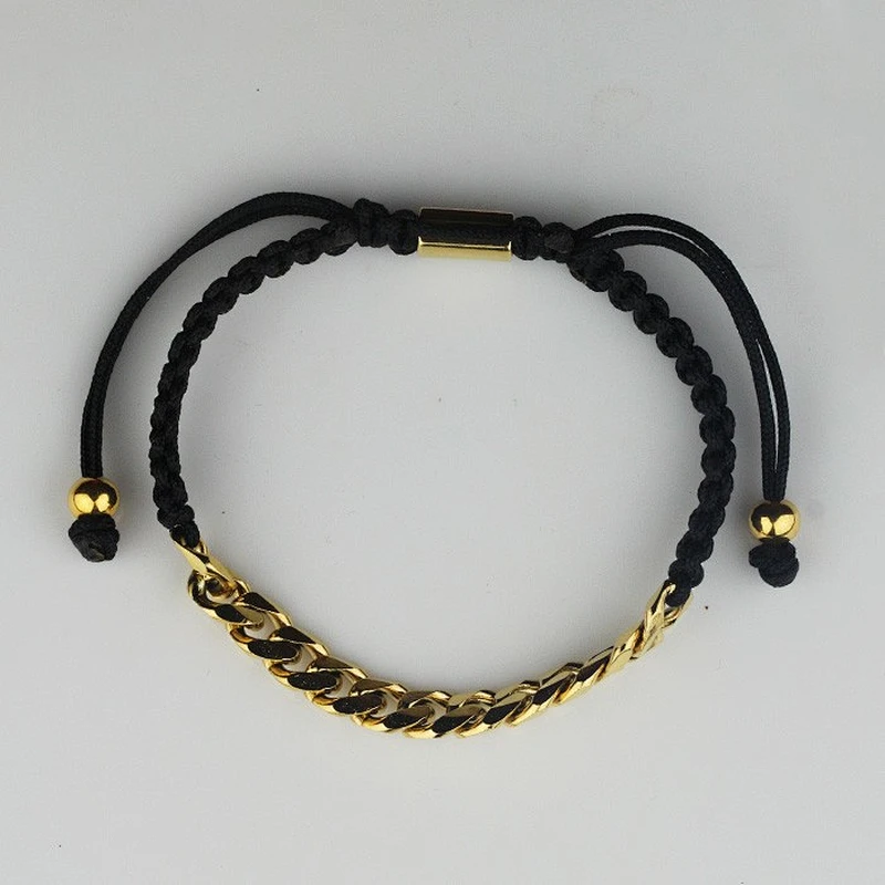 14K Gold Steel Chain Cuban Link Adjustable Stretch Bracelet