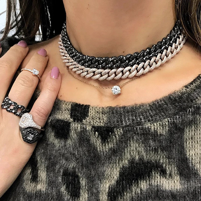 12mm Wide iced out micro paved lab black diamond twinkle cuban choker necklace