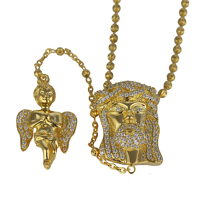 Hip hop jewelry set 925 silver gold jesus piece iced out pendant with angel wing