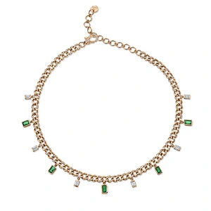 White gold plated gemstone & diamond baguette drop womens cuban choker necklace