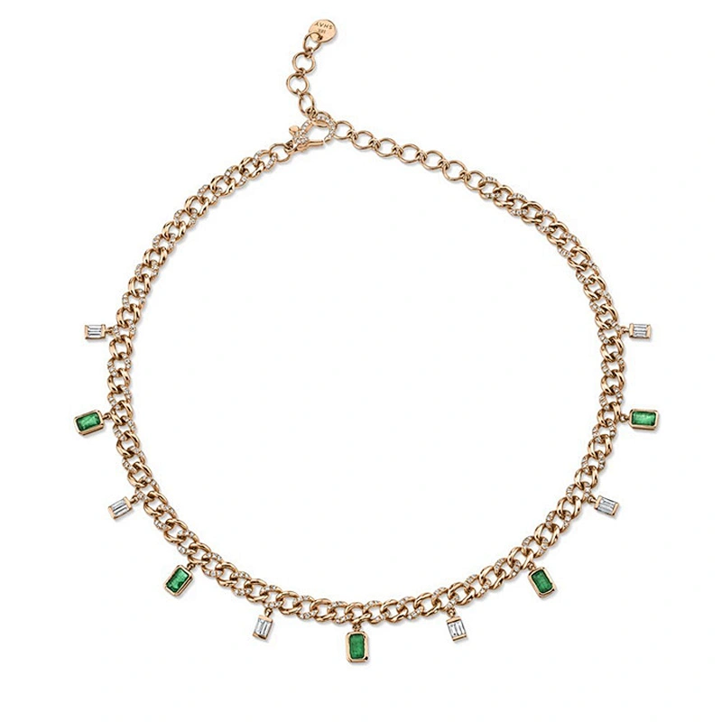 White gold plated gemstone & diamond baguette drop womens cuban choker necklace