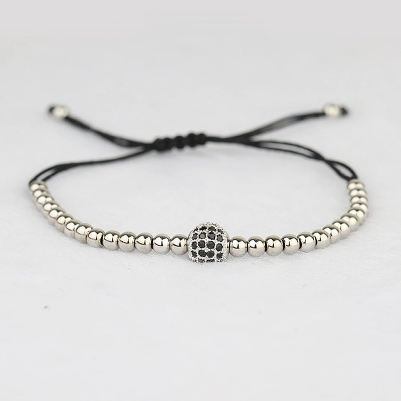 New Style 18K Gold 4mm Round Beads & 8mm Micro Pave Black CZ Beads Braiding Men Macrame Bracelet