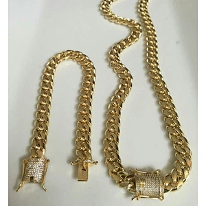 Miss Jewelry Wholesale 12mm Clasp Hip Hop 18k Gold Cuban Link Chain Necklace Men